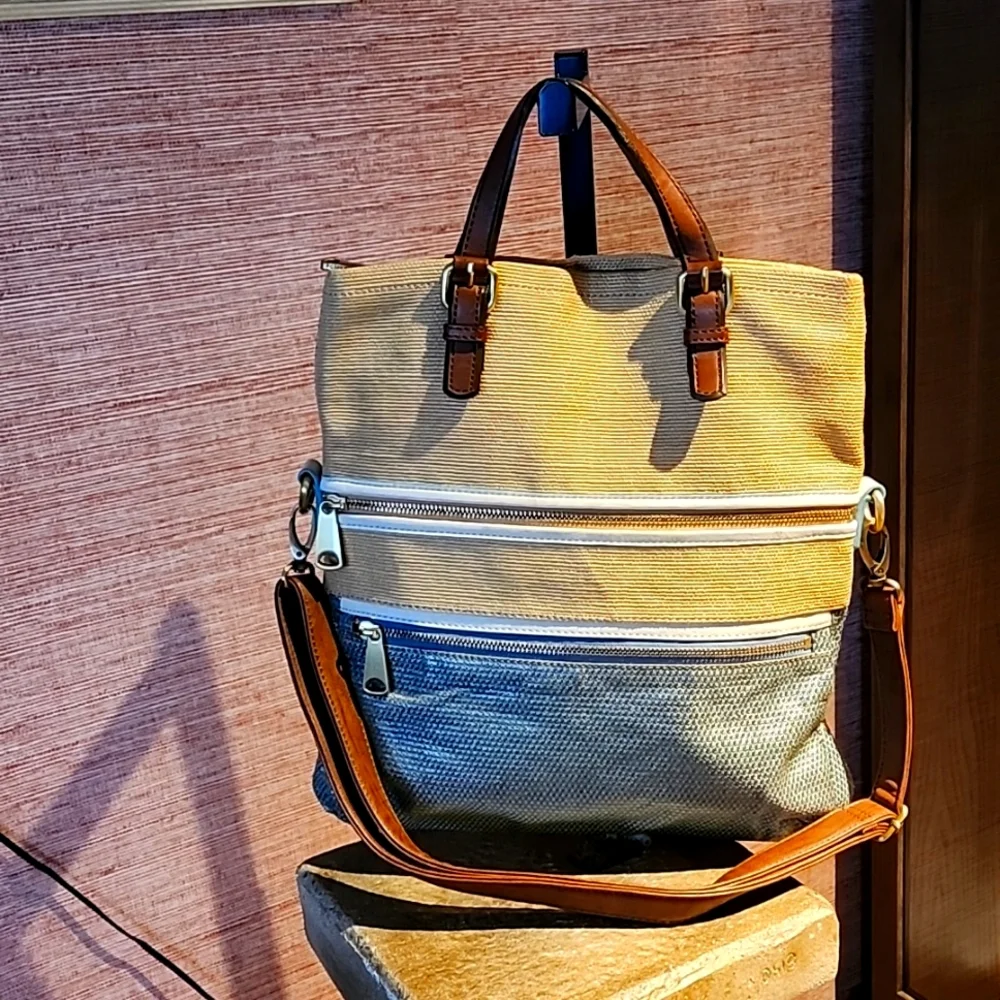 FOSSIL BURLAP AND LEATHER BAG - Picture 2 of 6